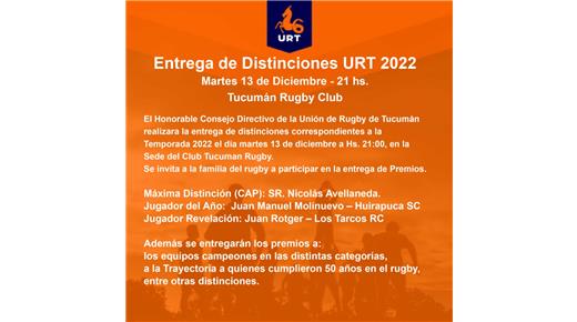 LA UNIÓN TUCUMANA DE RUGBY PREMIARÁ A LOS MEJORES DEL AÑO 2022 