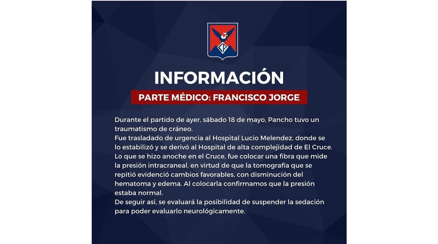 EL PARTE MÉDICO DE FRANCISCO JORGE, EL JUGADOR DE PUCARÁ QUE SUFRIÓ UN TRAUMATISMO DE CRÁNEO Y CONTINÚA INTERNADO
