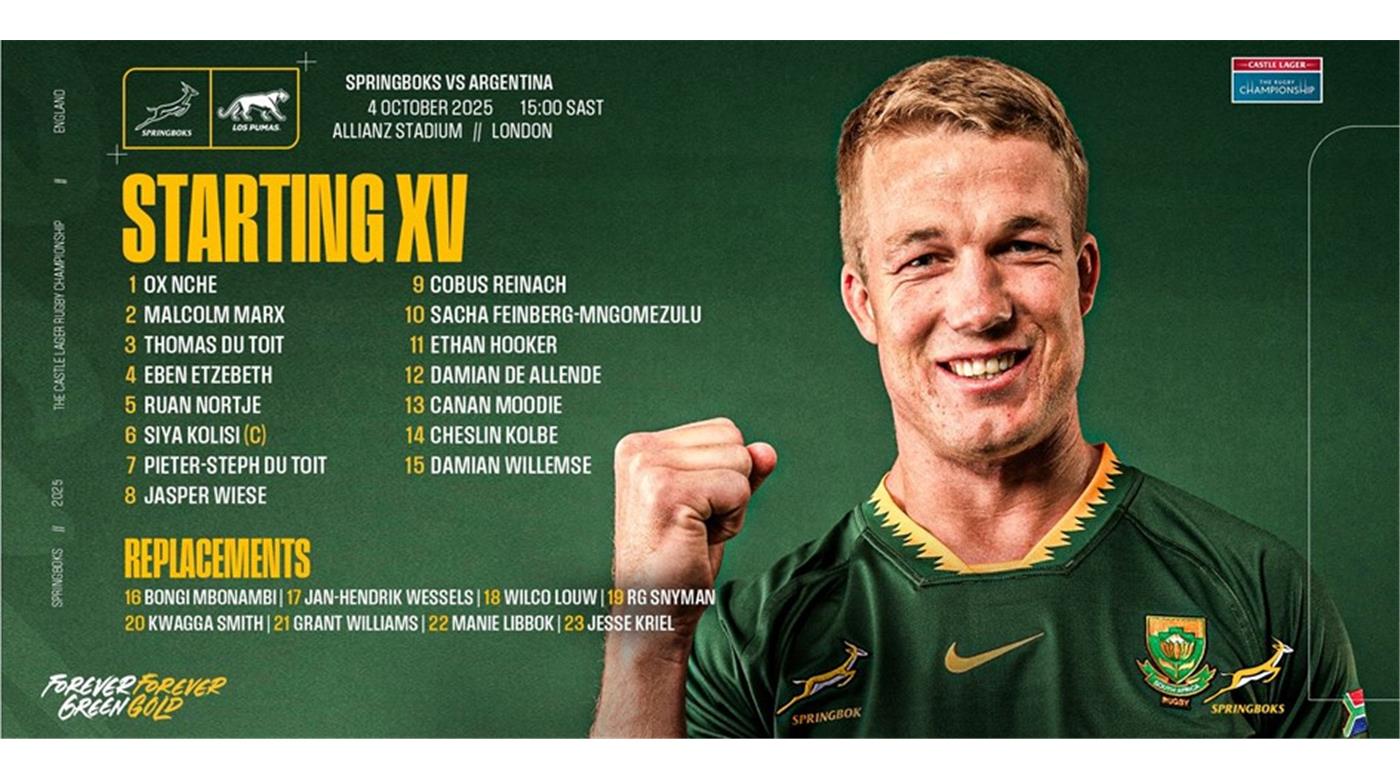 EL EQUIPO CONFIRMADO DE LOS SPRINGBOKS PARA ENFRENTAR A LOS PUMAS EN LONDRES 