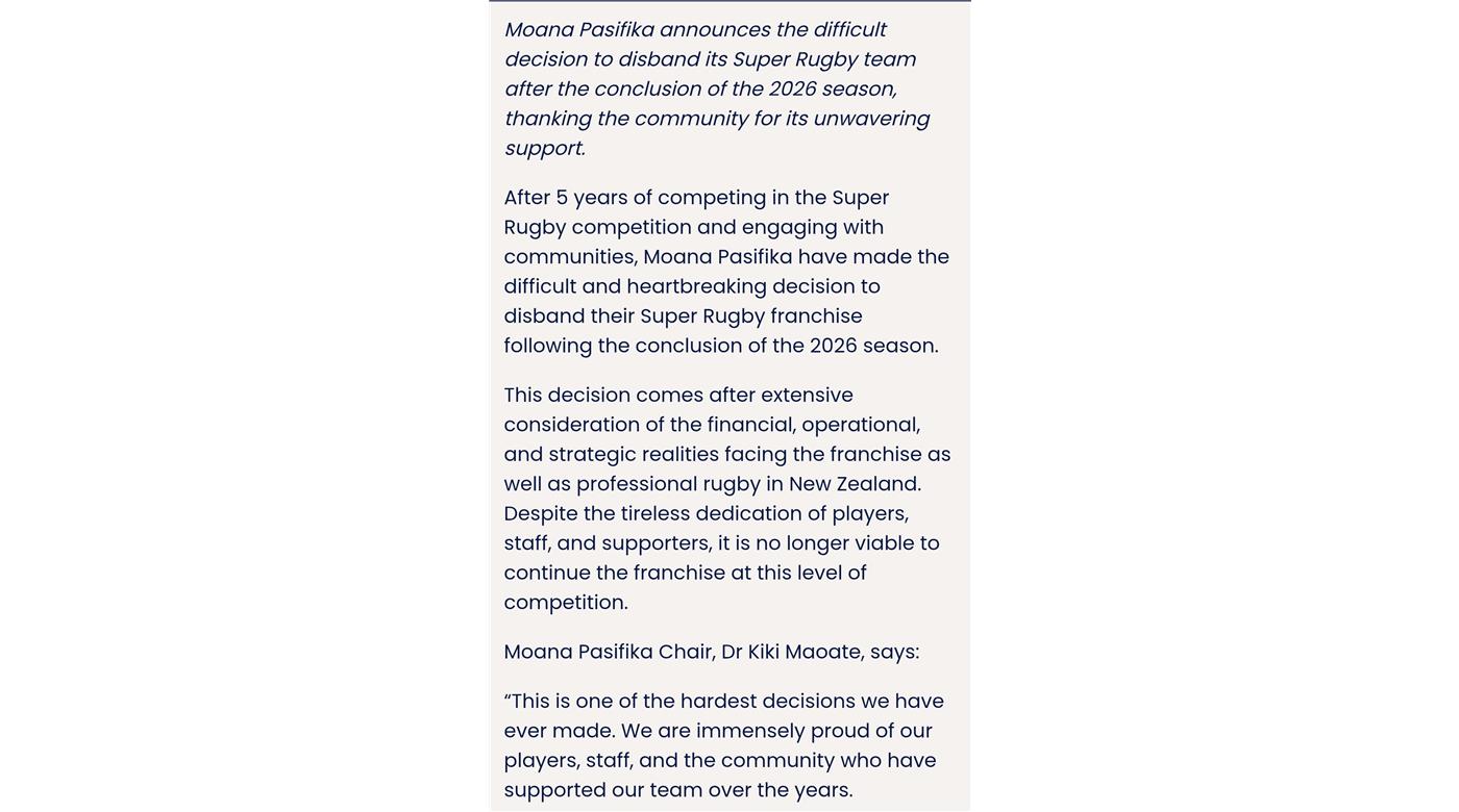EN 2027 MOANA PASIFIKA NO JUGARÁ MÁS EN EL SUPER RUGBY PACIFIC 